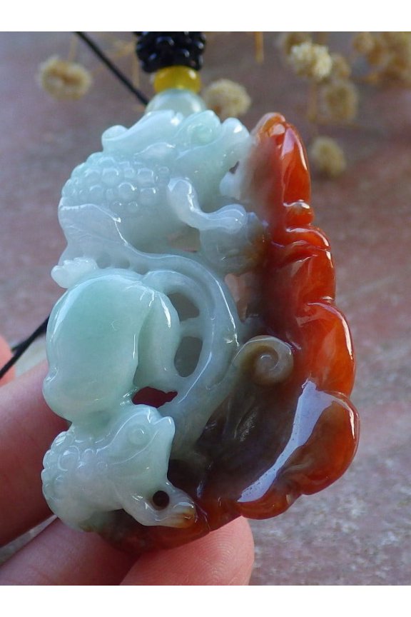 Certified Red Green Burma 100% Natural A Jade jadeite Pendant Frog Toad Coin Necklace 674264 TN