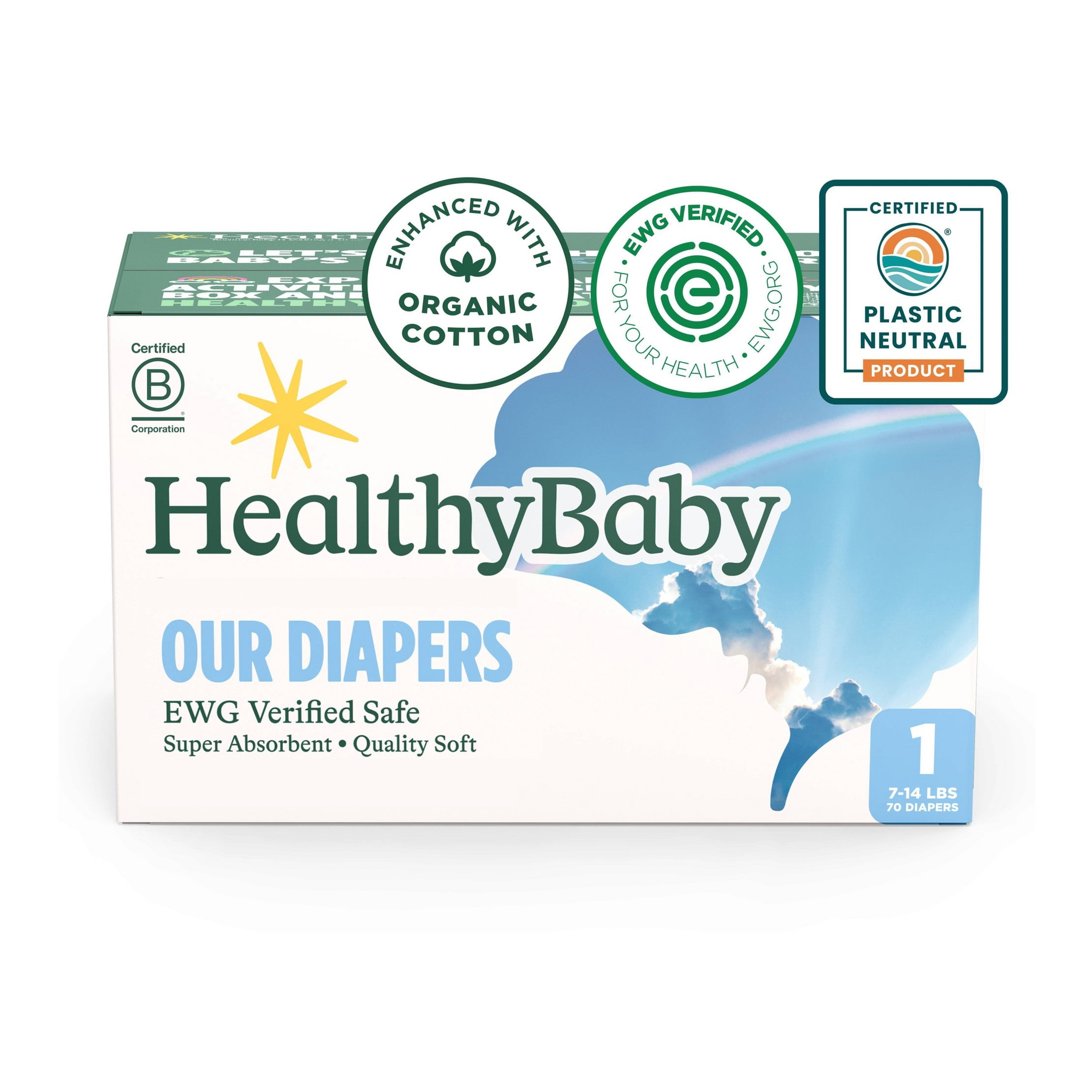 Certified Safe Organic Cotton Enhanced Diapers - Size 1 - 70ct