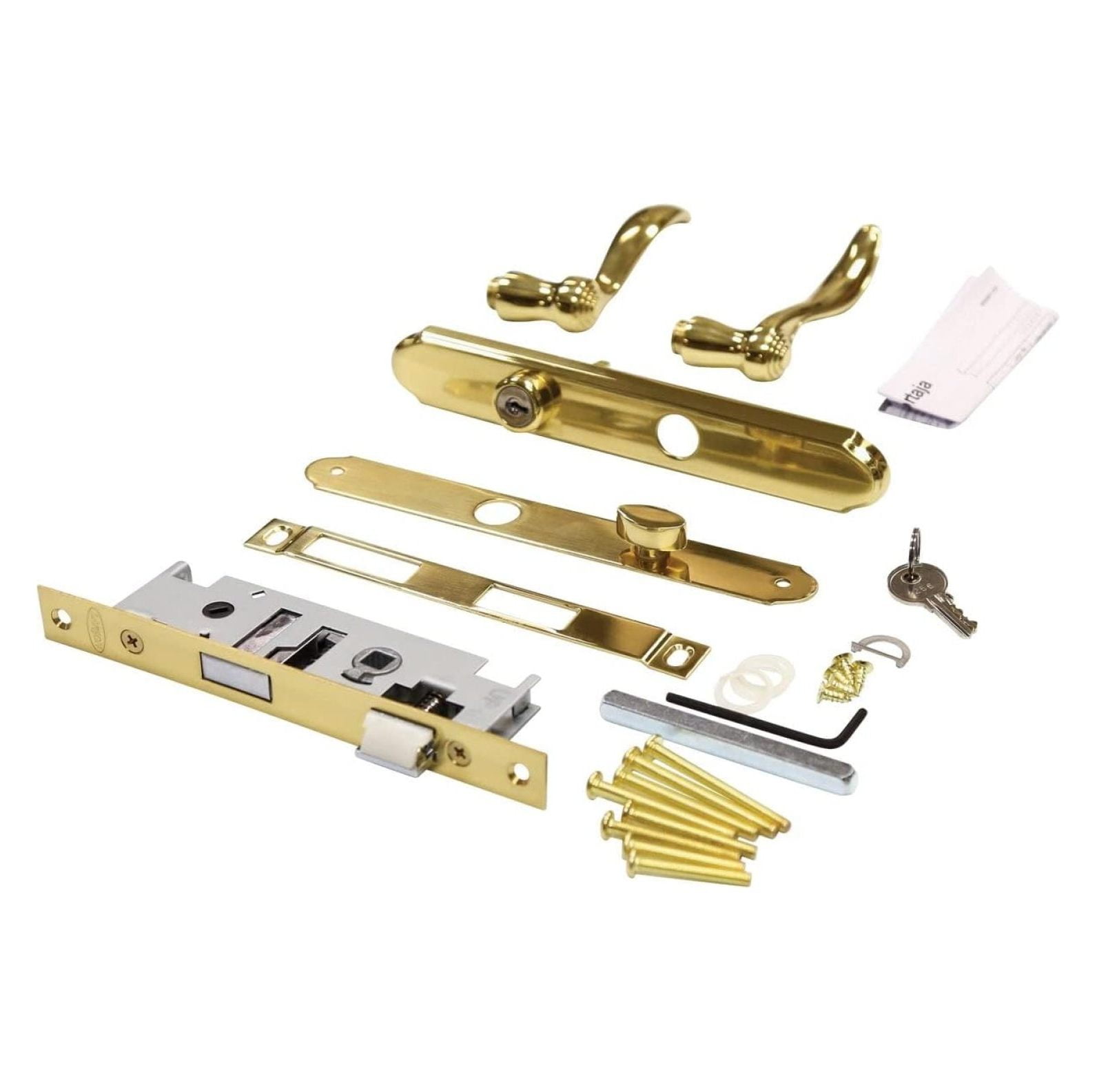 Larson Bright Brass Mortise Latch Handle Set with Keyed Deadbolt