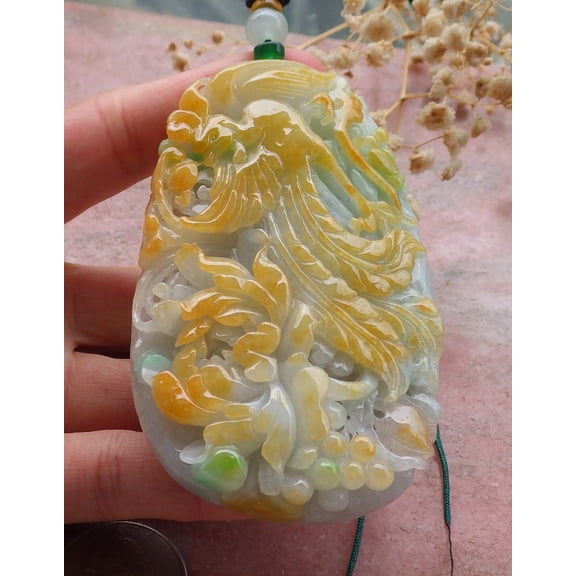 Certified Yellow Green Burma 100% Natural A Jade jadeite Pendant Phoenix Flower Ruyi Necklace 659081 TN