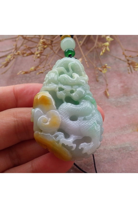Certified Yellow Green Burma Natural A Jade jadeite Pendant Dragon Money Coin Lotus Flower Ruyi 655123 TN