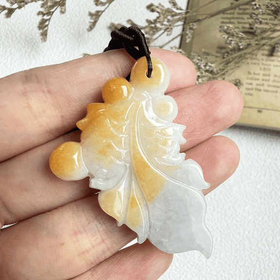 Certified Yellow Green Natural A Jade jadeite Necklace Pendant Gold Fish 100636