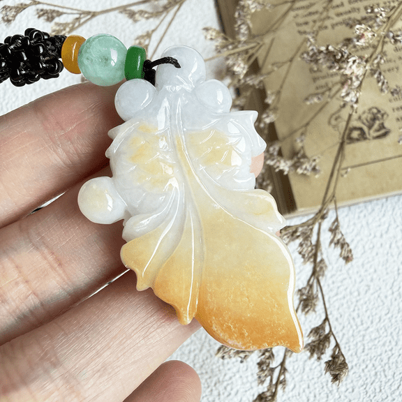 Certified Yellow Green Natural A Jade jadeite Necklace Pendant Gold Fish 101190