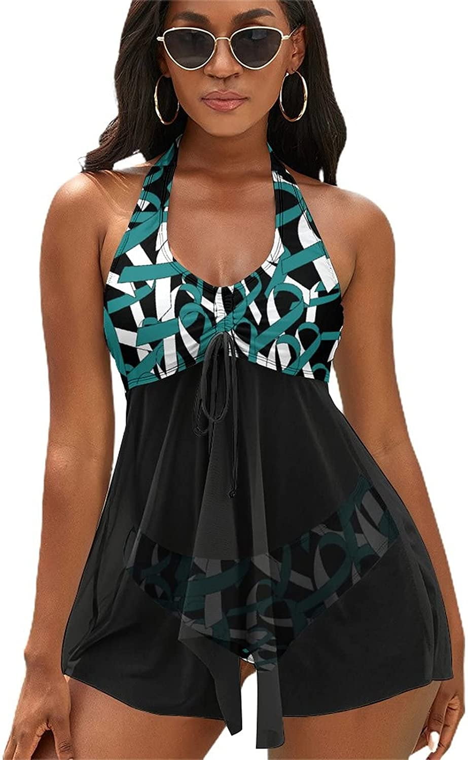 Cervical Cancer Awareness Ribbon Women Two Piece Bikini Sets with Cover Up Skirt Swimsuit