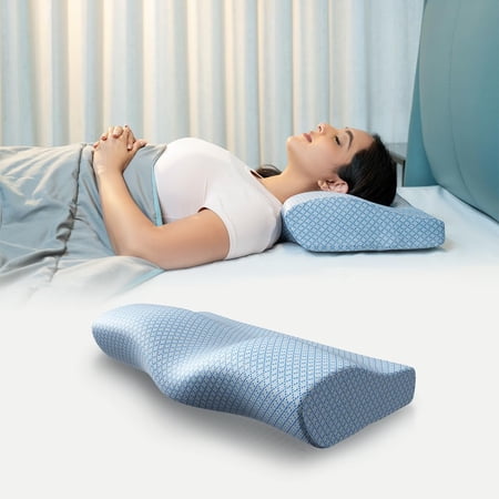 Cervical Memory Foam Pillow For Neck Pain, Standard Size - 19 X 11 X 4 Inch | Orthopedic Pillow Spondylitis Neck & Shoulder, Head Pain | Washable Jacquard Blue Cover - Pack Of 1