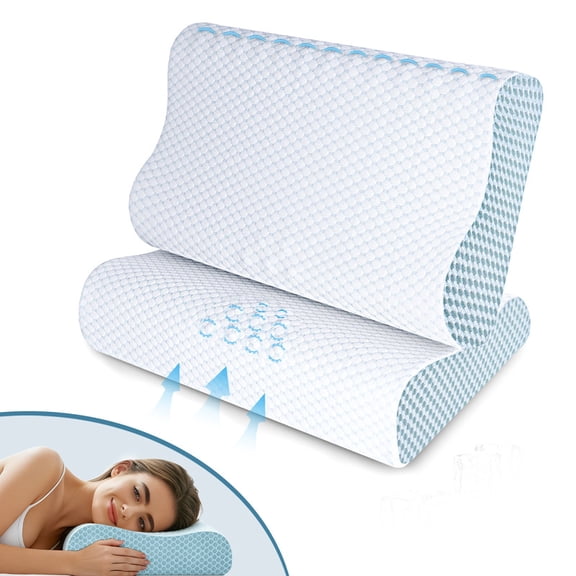 Cervical Neck Pillow Set of 2 for Sleeping and Neck Support, Ergonomic Contour Memory Foam Pillow for Side, Back, Stomach Sleeper, Washable Pillowcase, Blue