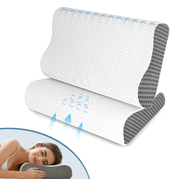 Cervical Neck Pillow Set of 2 for Sleeping and Neck Support, Ergonomic Contour Memory Foam Pillow for Side, Back, Stomach Sleeper, Washable Pillowcase, Grey