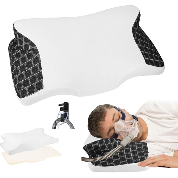 Cervical Neck CPAP Pillow for Side Stomach Back Sleepers to Neck Pain Relief - Ergonomic Adjustable Height Memory Foam Pillow for Neck Support - Include CPAP Hose Holder-Keep The Hose Off The Floor