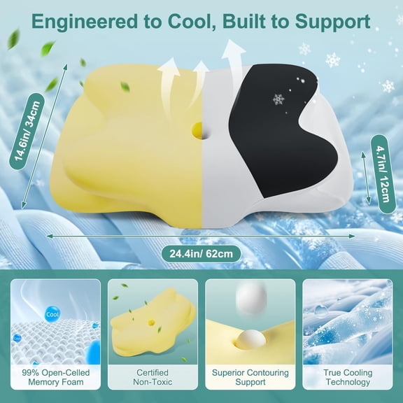 Cervical Neck Pillow - Ergonomic Pillows for Pain Relief, Memory Foam Pillow for Side/Back/Stomach Sleepers, CertiPUR-US Certified with Cooling Ice Silk Pillowcase