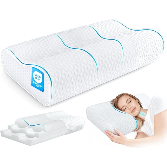 Cervical Neck Pillow King Size Cooling Adjustable Three-Layer Memory Foam Contour Pillow for Side Back and Stomach Sleepers