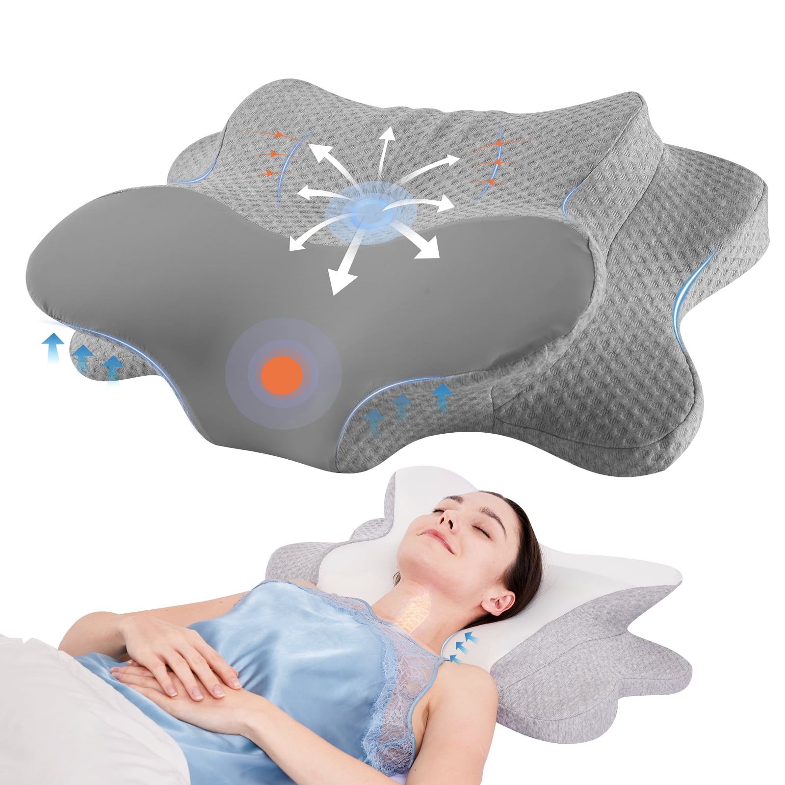 Cervical Neck Pillow - Memory Foam Pillow for Neck Support & Pain Relief, Ergonomic Contour Pillow for Back & Side Sleepers, Soft & Washable Pillowcase (Gray-Gray)