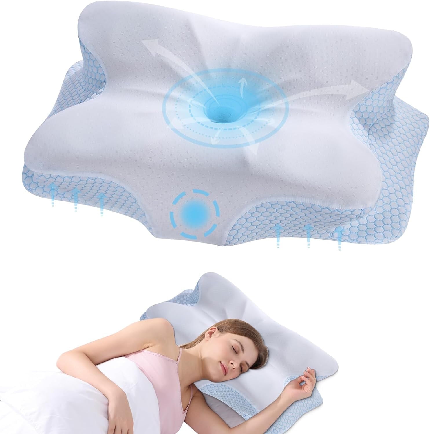 Ergonomic Memory Foam Neck Pillow with Cooling Ice Silk Cover