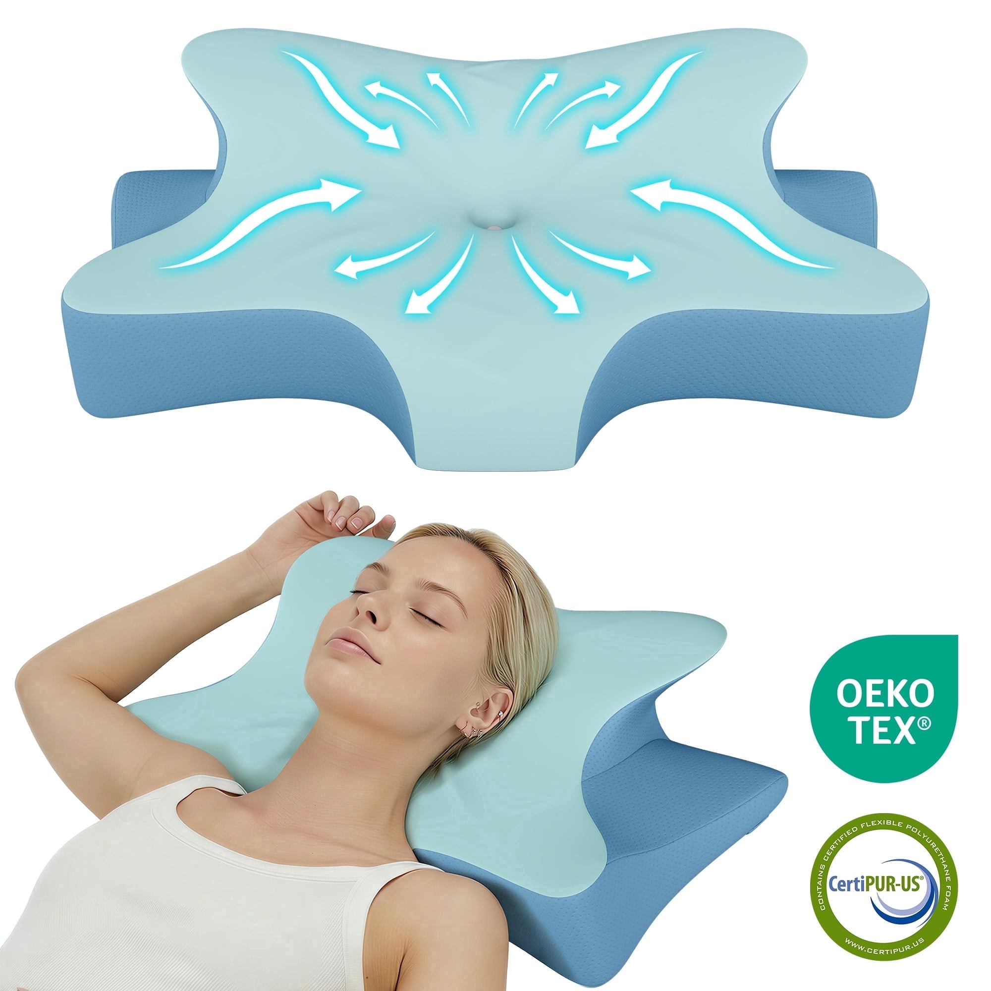 Cervical Memory Foam Pillow for Neck Pain Relief, Ergonomic Contour Pillow for Side Back Stomach Sleepers, Orthopedic Neck Support Pillow for Sleeping，Blue