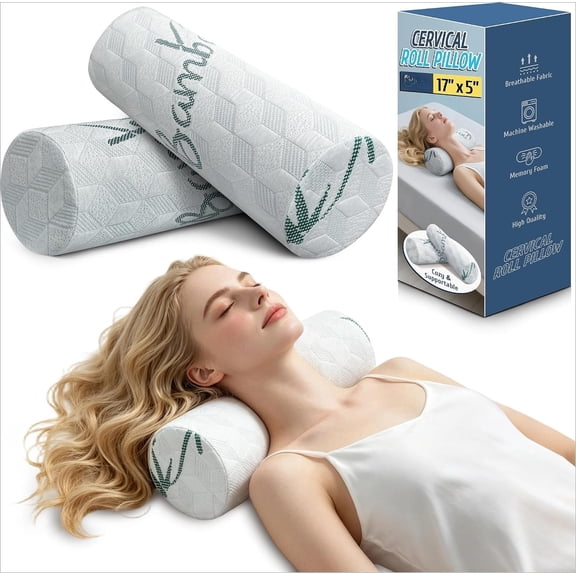 Cervical Neck Roll Pillow, White Leaf Pattern High-Density Memory Foam with Polyester-Rayon Cover