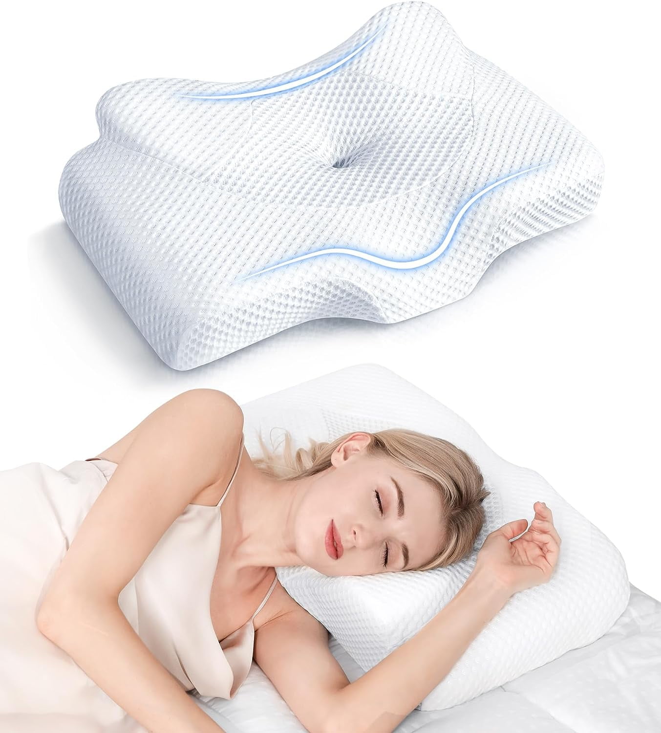 Cervical Pillow for Neck Pain Relief, Hollow Design Odorless Memory Foam Pillows with Cooling Case, Adjustable Orthopedic Bed Pillow for Sleeping, Contour Support for Side Back Sleepers