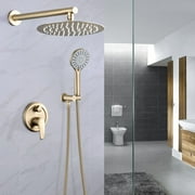 Cerypsa 10 Inches Brushed Gold Wall Mounted Shower with High Pressure Rain Shower Head and 5-Function Handheld Shower Head