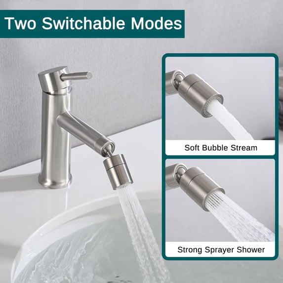 Cerypsa Brushed Nickle Bathroom Faucet 2 Modes with 360° Rotating Sprayer Aerator