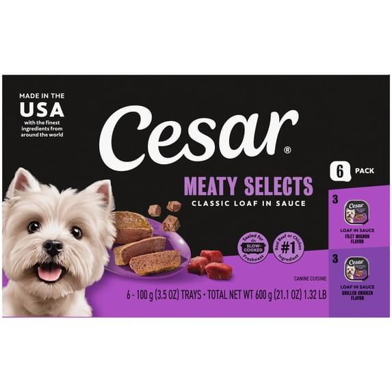 Cesar Loaf in Sauce Beef and Chicken Flavors Adult Wet Dog Food Variety Pack, 3.5 oz Trays, 6 Ct.