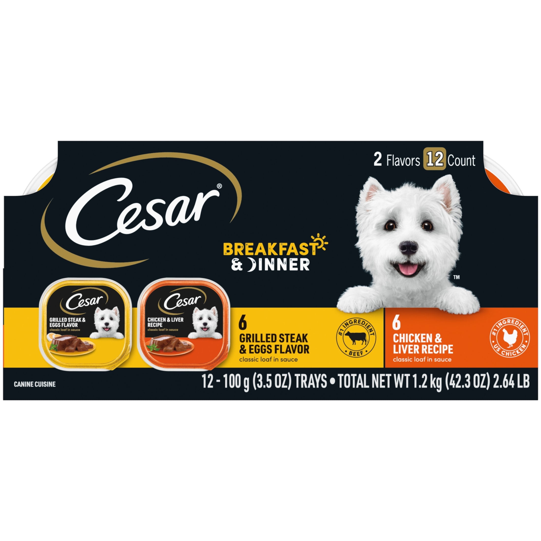 Cesar Brand Chicken Classic Loaf in Sauce Wet Dog Food, Breakfast and Dinner Variety Pack, 3.5 oz Trays (12 Pack)