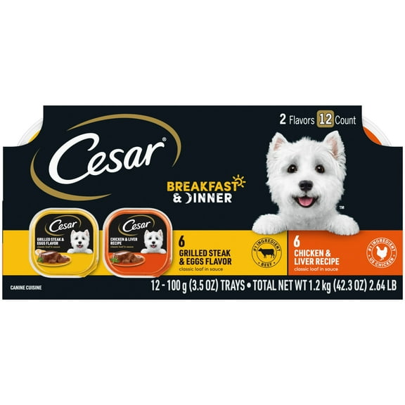 Cesar Classic Loaf In Sauce Breakfast & Dinner Variety Pack Wet Dog Food, 3.5 Oz Tray (12 Pack)