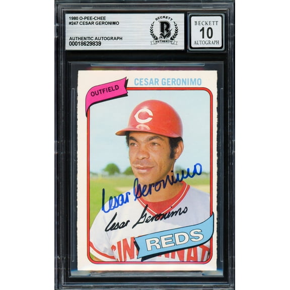 Cesar Geronimo Autographed 1980 O Pee Chee Card #247 Cincinnati Reds Auto Grade Gem Mint 10 Beckett BAS #18629839