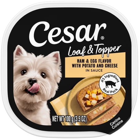 Cesar Loaf & Topper In Sauce Ham & Egg Flavor With Potato & Cheese Wet Dog Food, 3.5 Oz Tray