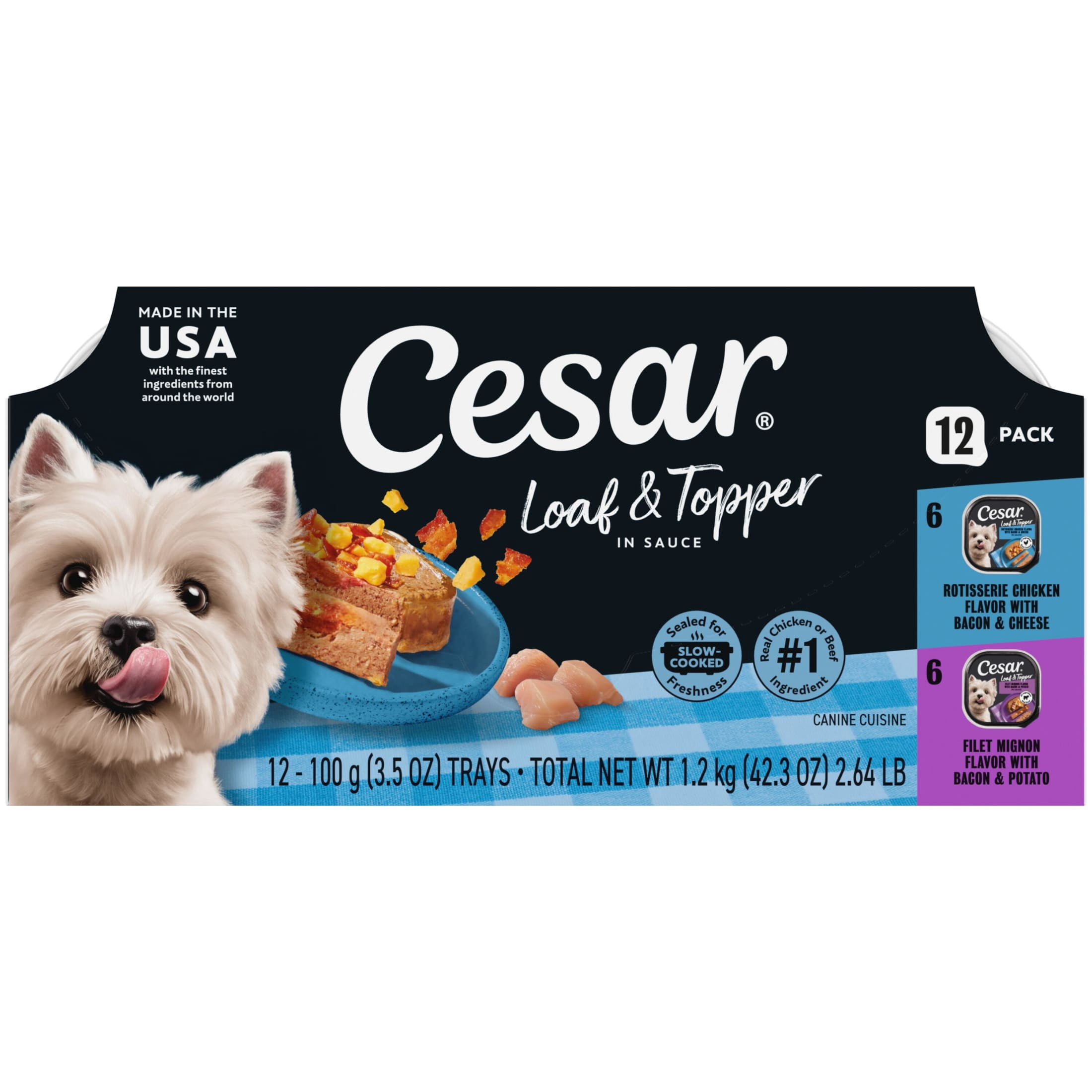 Cesar Loaf & Topper Chicken And Beef Variety Pack Soft Wet Dog Food, 3.5-Oz Trays (12 Ct)