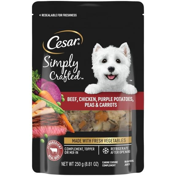 Cesar Simply Crafted Beef, Chicken, Purple Potatoes, Peas & Carrots Wet Complement, 8.82 Oz Pouch