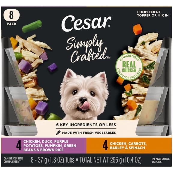 Cesar Simply Crafted Chicken and Vegetables Variety Pack Wet Dog Food Toppers, 1.3 oz Tubs (8 Ct)