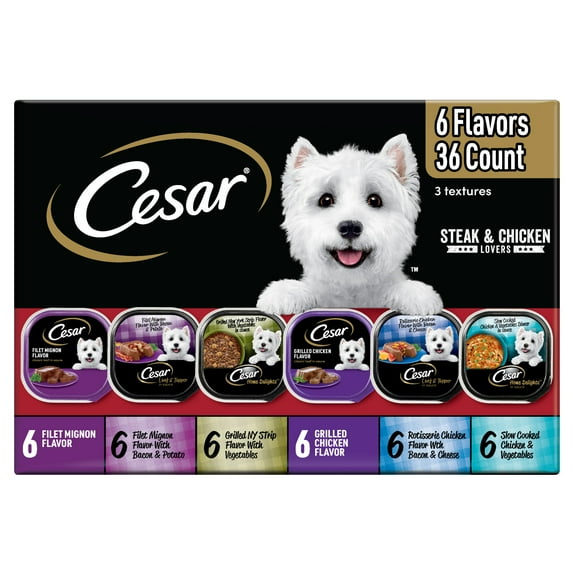 Cesar Wet Dog Food Steak & Chicken Lovers Variety Pack Real Beef or Chicken, 3.5 oz Trays (36 Count)