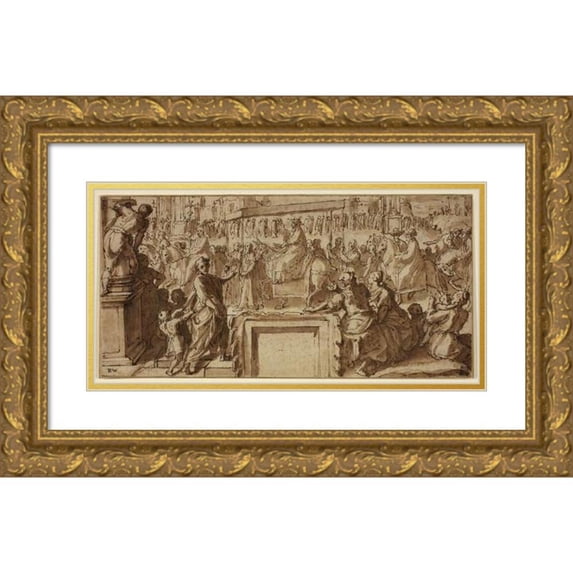 Cesare Nebbia 14x9 Gold Ornate Wood Frame and Double Matted Museum Art Print Titled - Saint Charles Borromeo Entering the Town of Pavia (C. 1604)