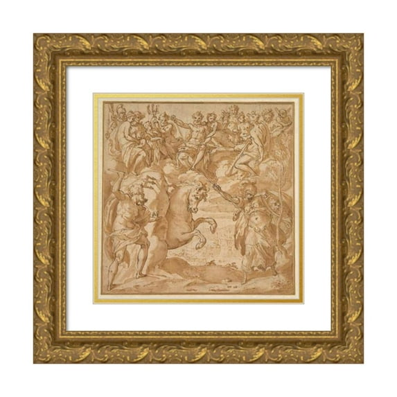 Cesare Nebbia 15x15 Gold Ornate Wood Frame and Double Matted Museum Art Print Titled - The Contest Between Athena and Poseidon for the Possession of Athens (1570s)