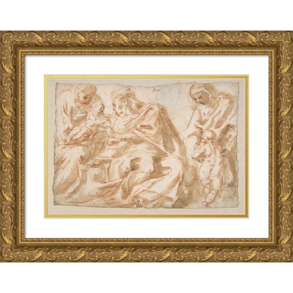 Cesare Pollino 24x18 Gold Ornate Framed and Double Matted Museum Art Print Titled - The Holy Family with Saint Elizabeth and the Infant Baptist (1560-1630)