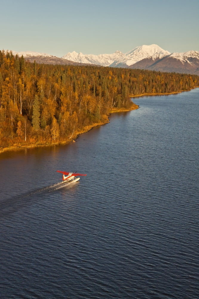 A Cessna 185 Floatplane Lands On An Unnamed Lake With Mt Mckinley And Alaska Range In Background Southcentral Alaska Fall Canvas Art - Jeff Schultz Design Pics (22 x 34)