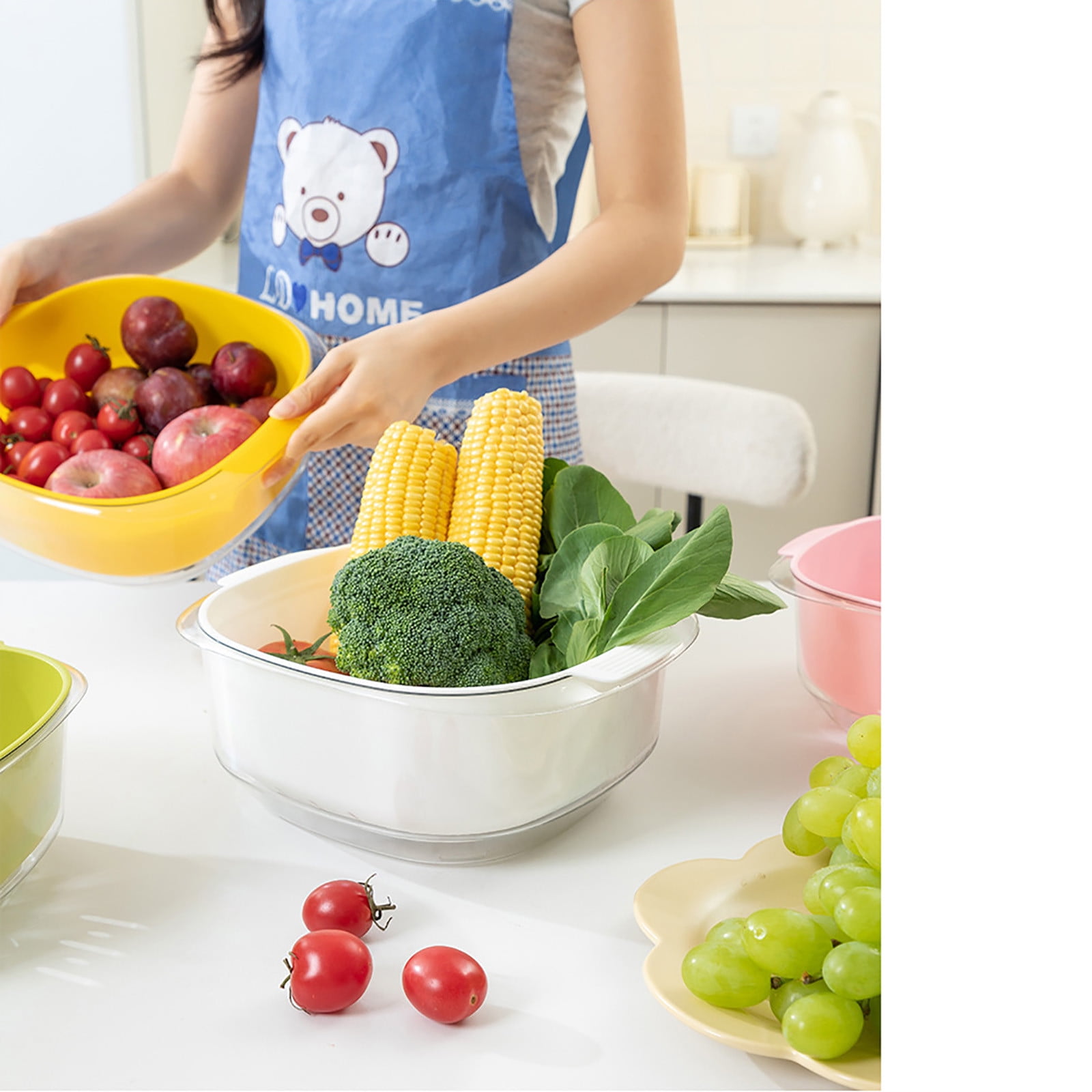 Cesta de drenaje de doble capa para frutas y verduras de PET, cesta para fregadero de cocina, fácil de limpiar, asa de doble oreja, plástico, diseño moderno, para guardar utensilios de cocina, para