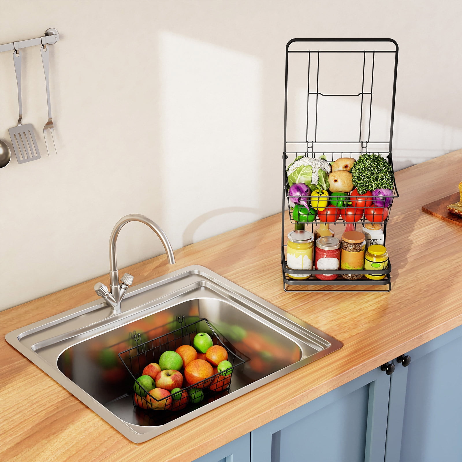 Cesta de frutas de 3 niveles, frutero para encimera de cocina, minicesta de almacenamiento para frutas y verduras, cesta colgante, soporte para organizador de cocina