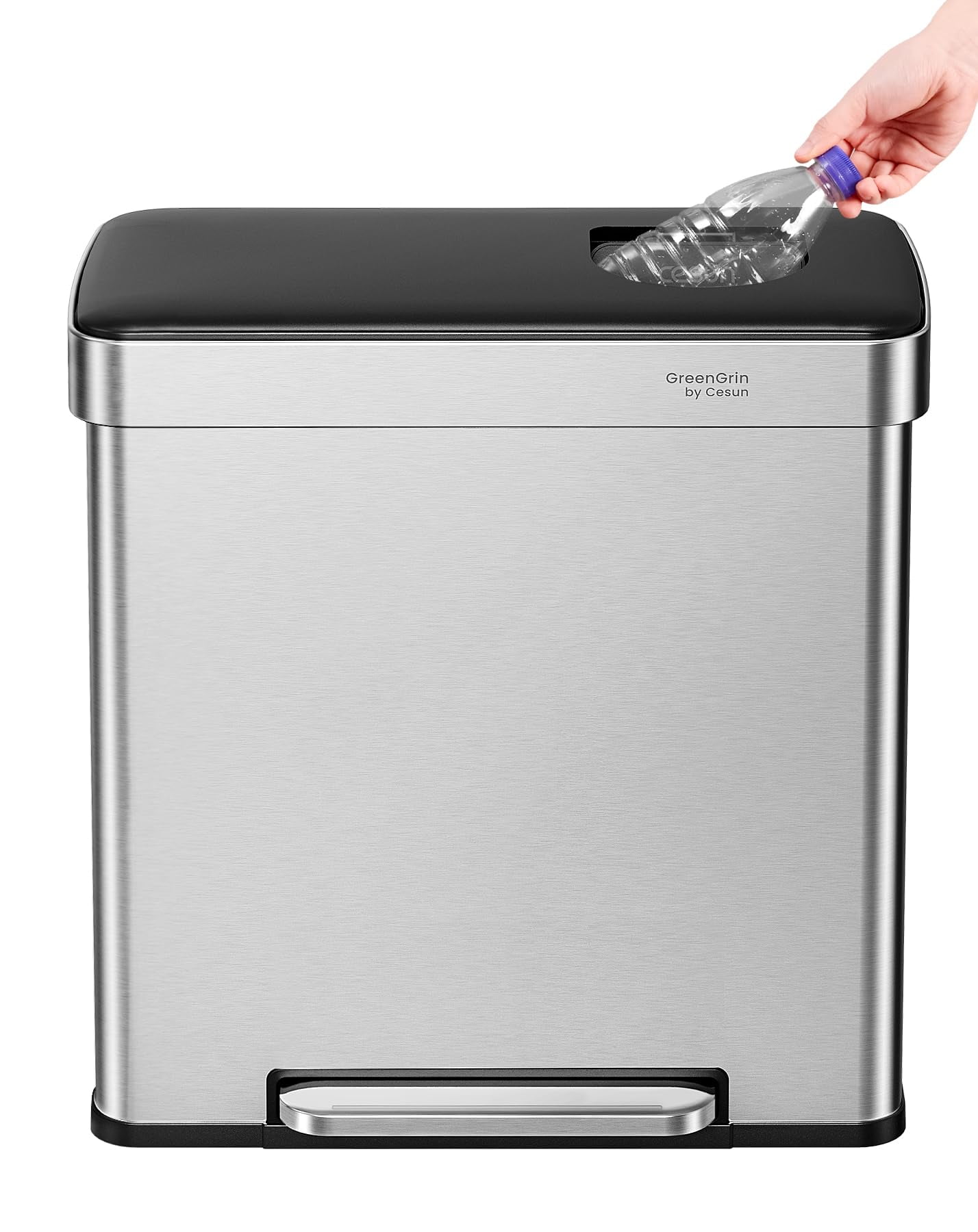 Cesun 16 Gal Dual Trash & Recycle Bin, Stainless Steel Step Kitchen Garbage Can, Push Flap, 30L+30L