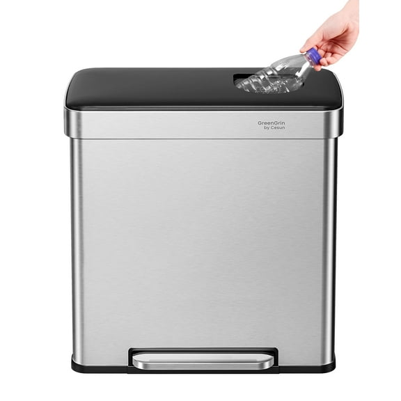 Cesun 16 Gal Dual Trash & Recycle Bin, Stainless Steel Step Kitchen Garbage Can, Push Flap, 30L+30L