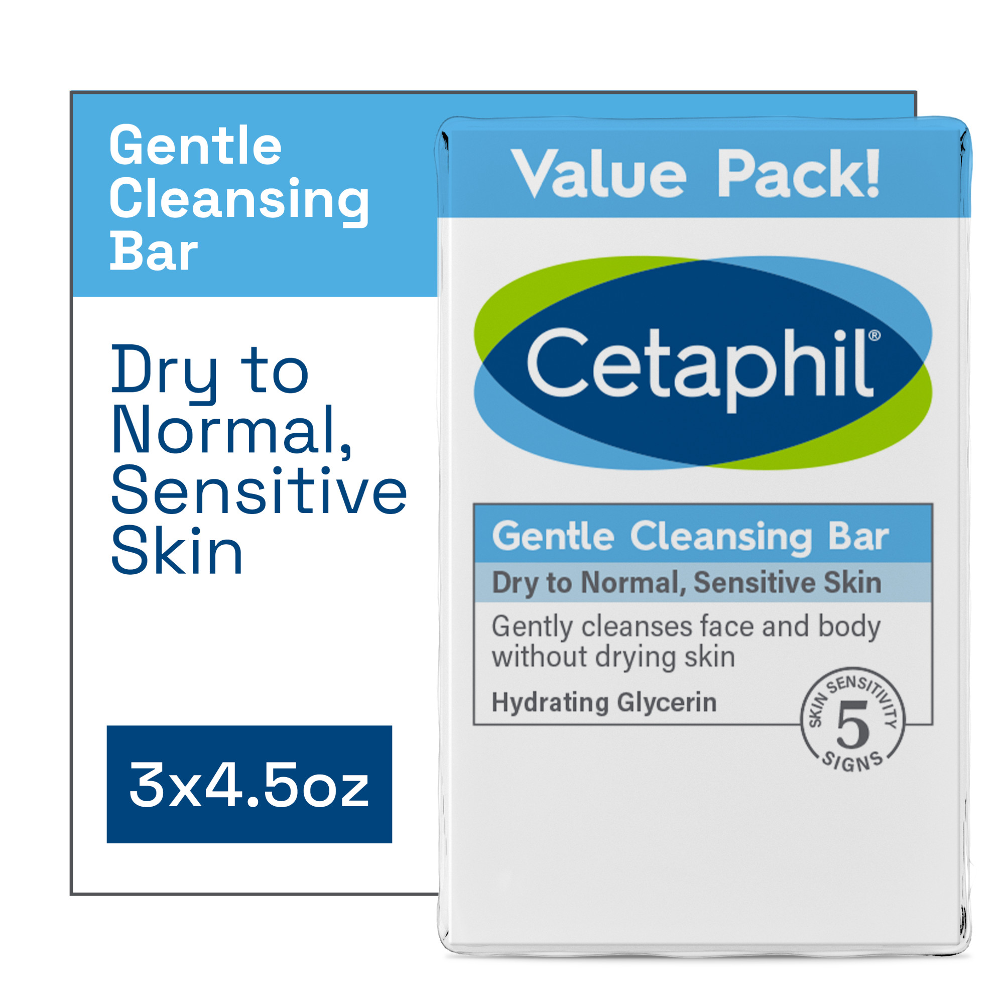 Cetaphil Cleansing Bar, 4.5 oz Bar, Pack of 3, Nourishing Cleansing Bar For Sensitive Skin - image 1 of 9