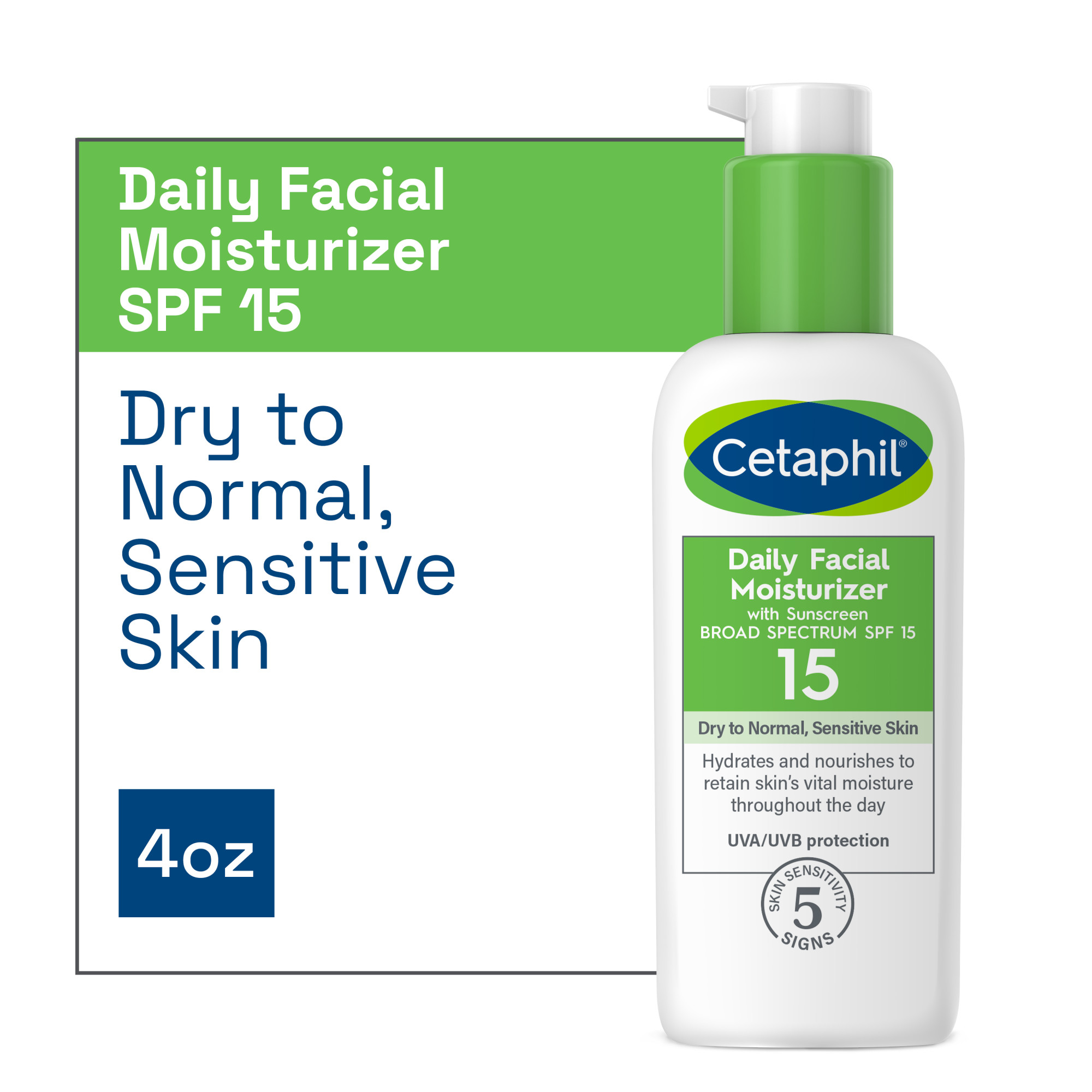 Cetaphil Daily Facial Moisturizer With Sunscreen, Broad Spectrum SPF 15, Fragrance Free, 4 oz - image 1 of 10