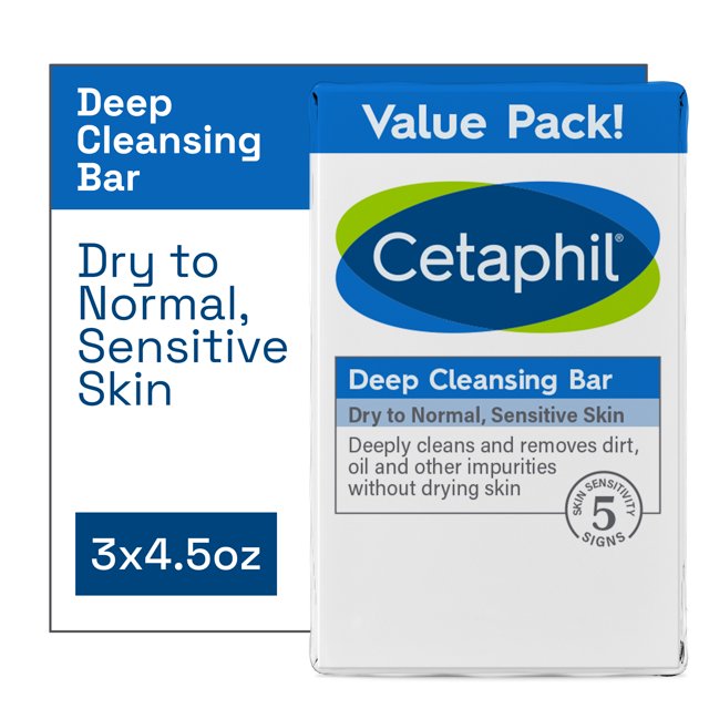 Cetaphil Deep Cleansing Bar Soap, Face and Body Bar, 4.5 oz Bars, Pack
