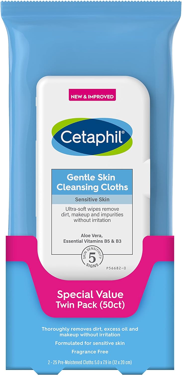 Cetaphil Face and Body Wipes, Gentle Skin Cleansing Cloths, 50 Count