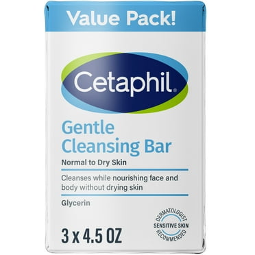 Cetaphil Gentle Face Cleanser and Body Wash Bar for Dry to Normal, Sensitive Skin Value Pack, 4.5 oz (Pack of 3)