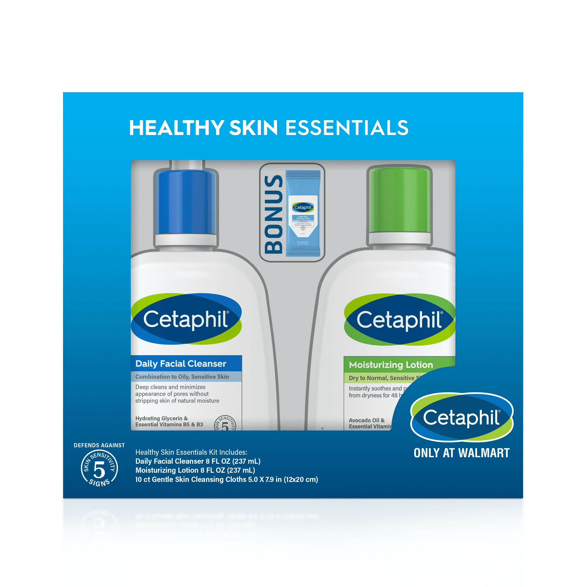 Cetaphil Healthy Skin Essentials Kit, Daily Facial Cleanser, Moisturizing  Lotion & Cleansing Cloths