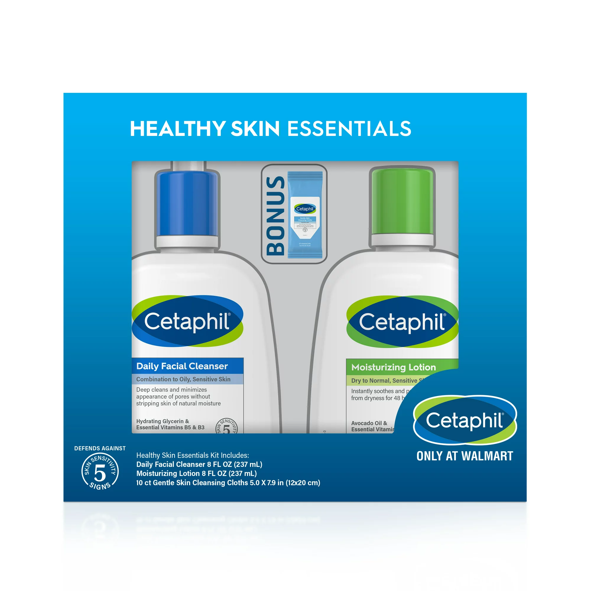 Cetaphil Healthy Skin Essentials Kit, Daily Facial Cleanser, Moisturizing Lotion & Cleansing Cloths - image 1 of 12