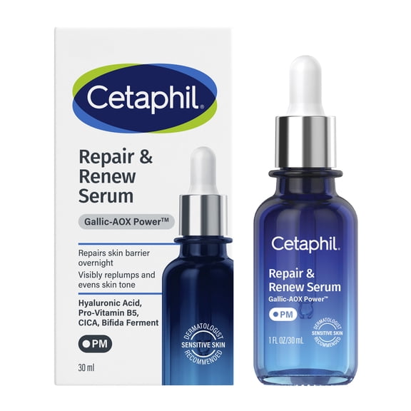 CETAPHIL Repair & Renew Serum , PM Face Serum for Stressed Sensitive Skin, 1 Fl Oz Dropper Bottle, Gallic Acid & Vitamin E