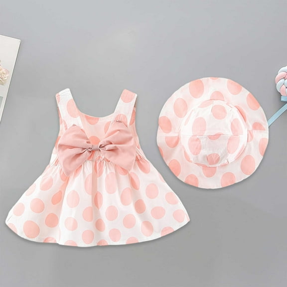 Cethrio 0-3 Years Girls Summer Dress Printed Polka Dots Bow Sleeveless Dress Hat Set Pink Size 1Y
