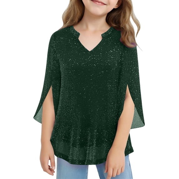 Cethrio 3/4 Sleeve Tops for Girl, Mesh Party V Neck Pullover Summer Shirts Green Size 14