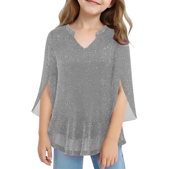 Cethrio 3/4 Sleeve Tops for Girl, V Neck Mesh Pullover Party Summer Shirts Gray Size 6