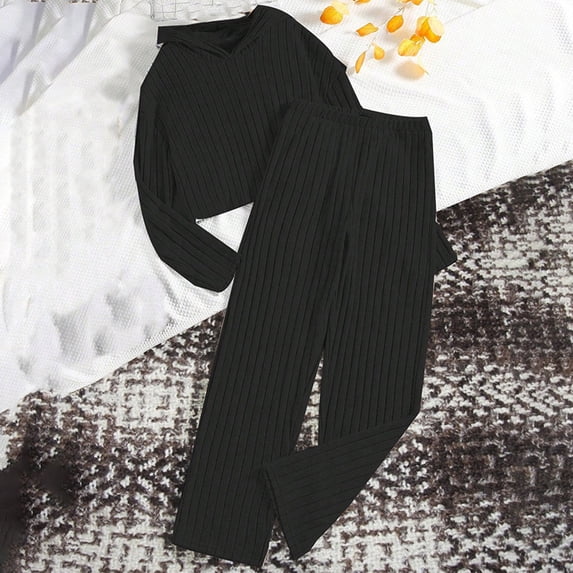 Wavsuf 8-14 Years Old Girls Winter Long-Sleeved Sweater Large And Medium-Sized Girls' Pullover Hoodie Pant Two-Piece Set Black Size 10Y